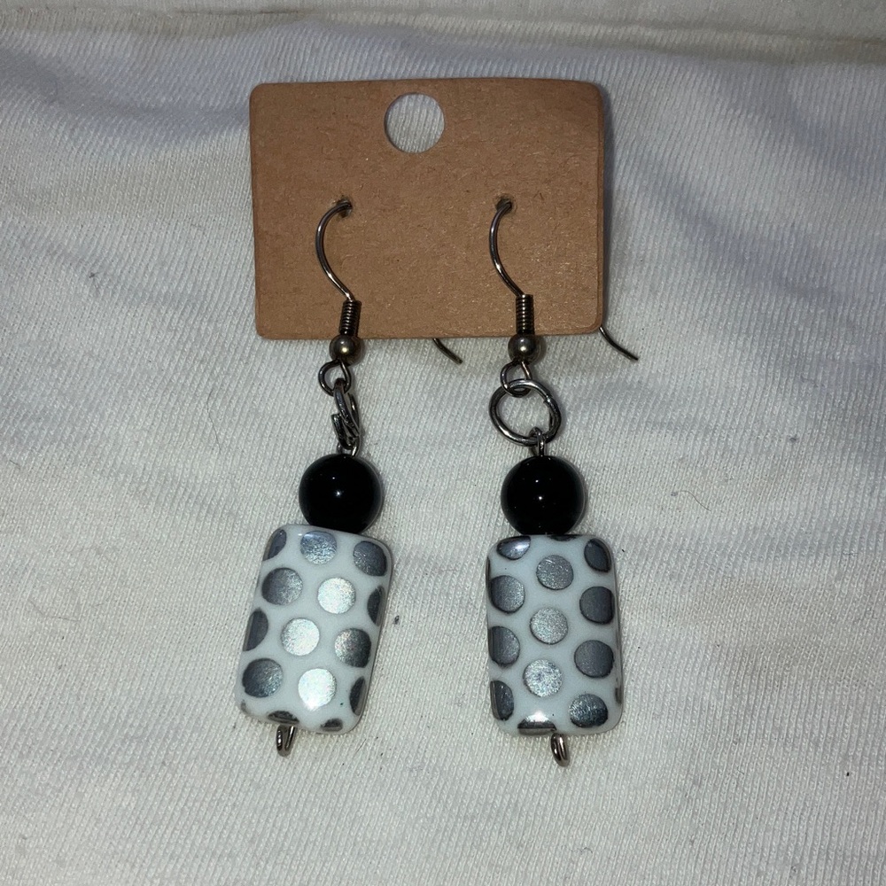 Black and Silver Polka Dot Glass Rectangle Beaded Dangle Earrings